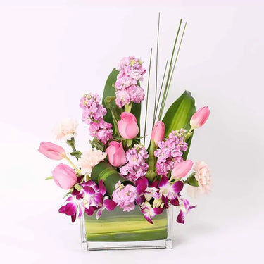 Pretty Lady, Elegance, Vase Arrangement, Pink Roses, Pink Tulips, Pink Matthiola, Pink Carnations, Purple Orchids